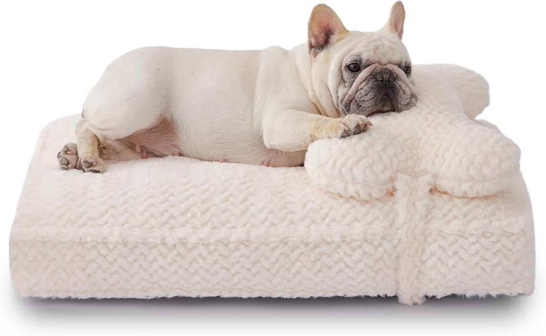 Soft Touch Faux Fur Dog Bed for Medium Size Dogs 6.5" Extra Thick, Orthopedic Pet Bed with Waterproof Liner and Washable Cover, with Removable Cute Pillow, Cream Color