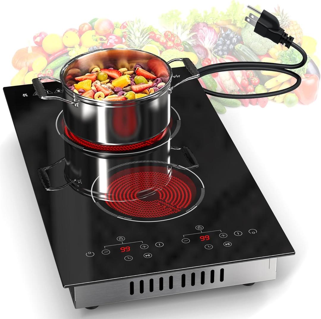 2 Burner Electric Cooktop, 110v Electric Stove with Plug, 12 Inch Countertop & Built-In Portable Electric Stove, 9 Levels of Power, 2000W, Touch Control, Safety Lock, Timer, Pause Function, Karienvir
