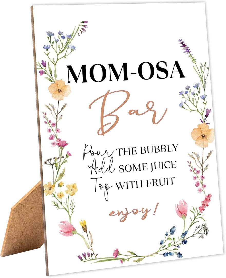 Tuyashua Boho Wildflowers Baby Shower Mom-osa Bar Sign, Table Decor Baby Shower Sign, Pack of 1 Wooden Tabletop Sign with Stand, Baby Shower Decoration, Gender Neutral - MG04