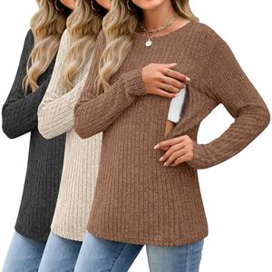 Sweetyweee 3 Pack Women's Nursing Tops Breastfeeding Shirts Long Sleeve Maternity Ribbed Sweaters with Hidden Zipper(Black, Apricot, Brown,Small)