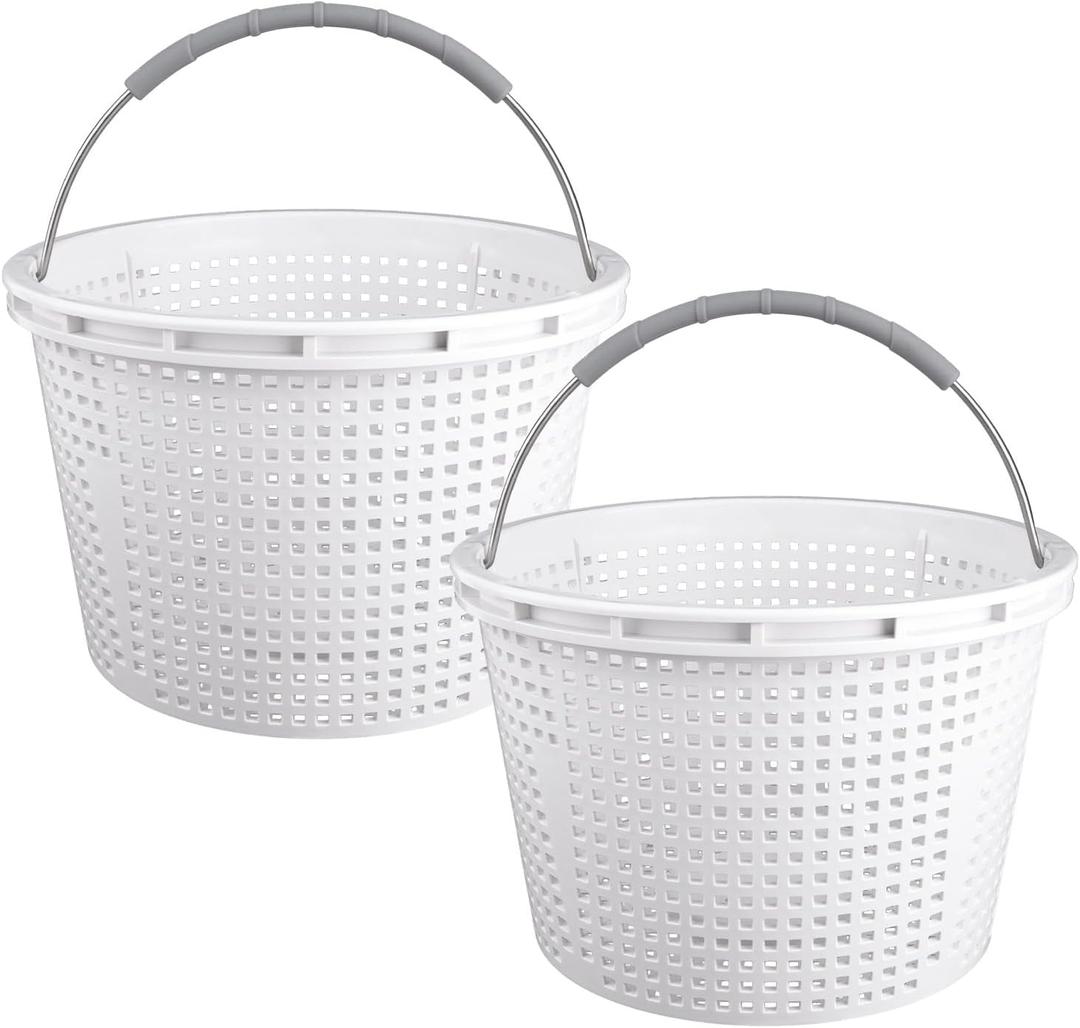 8" Pool Skimmer Basket for Inground Pool Compatible with Pentair U-3 Skimmer Basket 08650-0007 and Hayward SP1070 Pool Basket Stainless Steel Handle Rubber Grip & Built in Weighting White 2 Pack