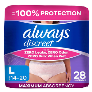 Always Discreet Adult Diapers for Women, Incontinence Underwear, Postpartum Essentials, Disposable Briefs, Max Absorbency, Bladder Leak Protection, Large, 28ct