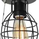 Beuhouz Pull String Semi Flush Mount Ceiling Light, Round Modern Industrial Close to Ceiling Light Fixture with Pull Chain Black Metal Cage Foyer Kitchen Ceiling Light 1-Light Edison E26 8087