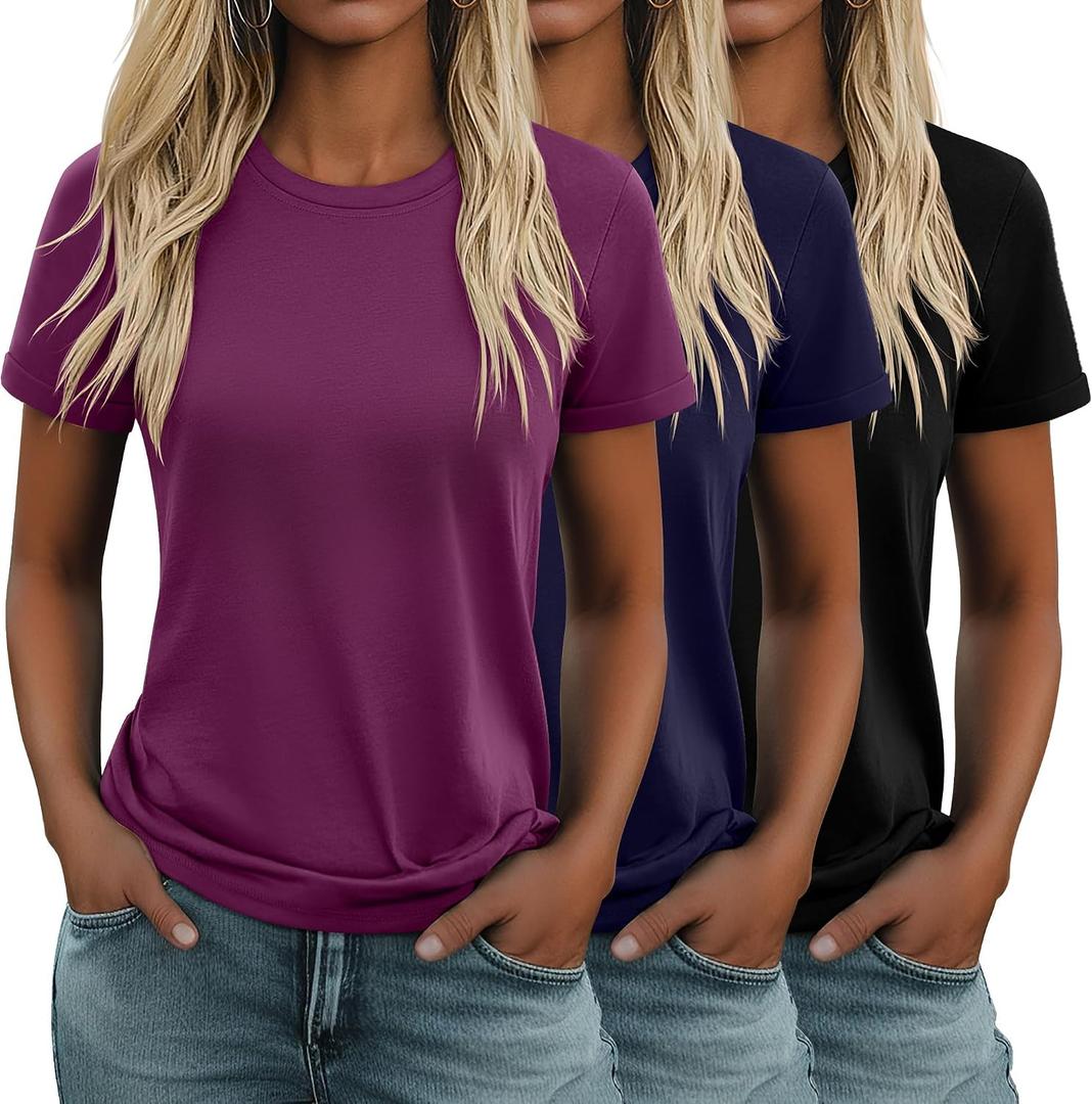 Huukeay 3 Pack Women's Cotton T Shirts Casual Short Sleeve Tunic Tops Crewneck Summer Loose Fit Plain Basic Tee, Large