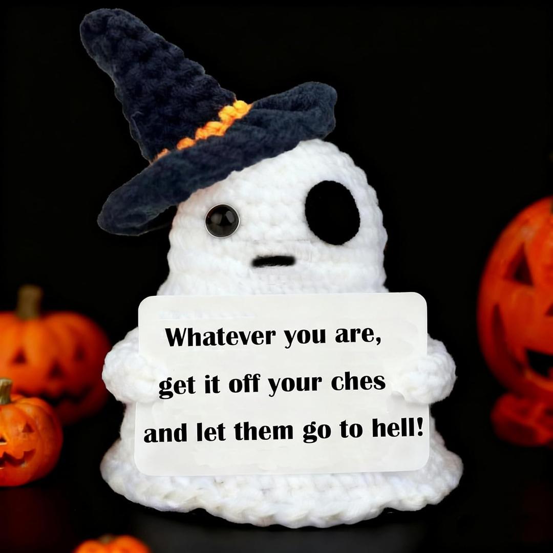2 x YUXIYAN Halloween Ghost Gifts,Emotional Support Halloween Positive Ghost Crochet for Women Mom Friends Coworkers Teacher Christmas,Birthday,Thank You,Encouragement Gifts for Office Desktop Home Decor (Black Orange Hat Ghost)