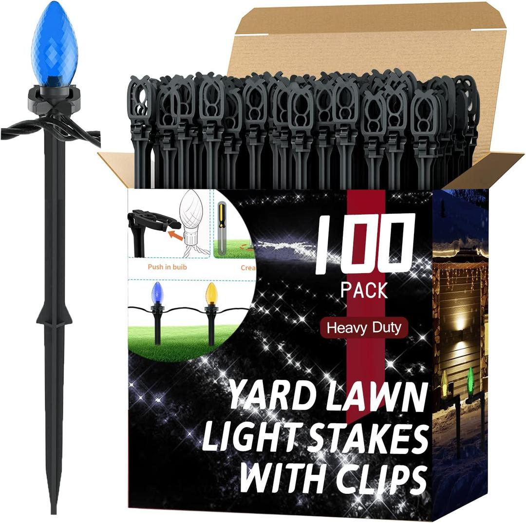 100 Pack Christmas Light Stakes 8.5"-10" for C7 and C9 String Lights,Outdoor Light Stakes,Yard Stakes,Garden,Lawn,Pathway, Patio, Path, Walkway, Christmas Decoration Black