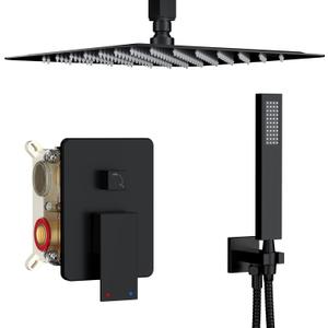 Ceiling Mount Shower System, Black Shower Faucet Set with 12-Inch Rain Showerhead and Handheld Spray Combo, High-Pressure Showerheads Set with Valve and Trim Kit, Matte Black