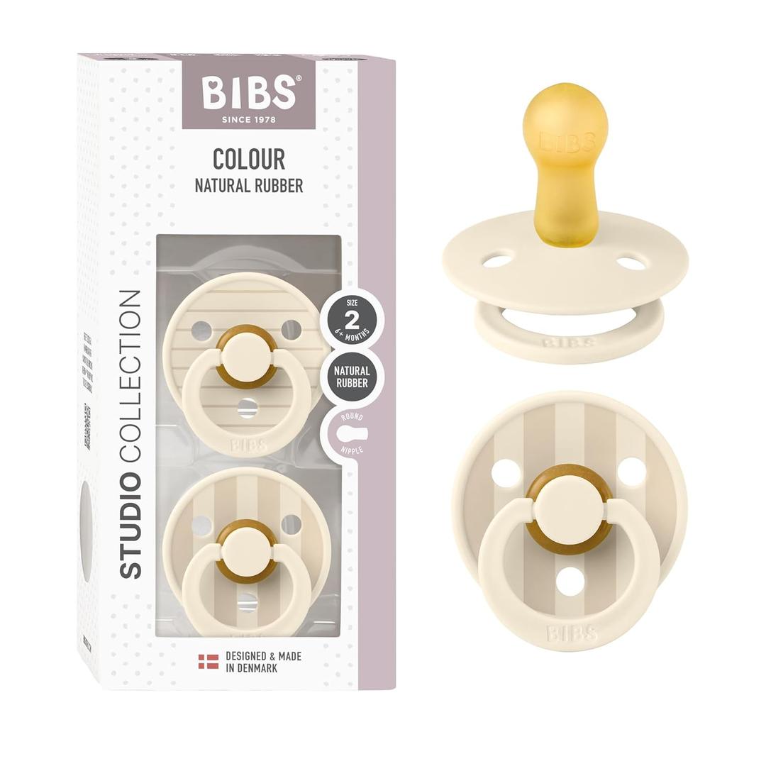 BIBS Pacifiers - Studio 2 Pack | Round Nipple Baby Pacifier | BPA Free Natural Rubber Latex Soother | Made in Denmark | Size 6+ Months | Pin Ivory Vanilla