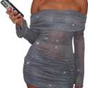 Uni Clau Women Sexy Off Shoulder Sparkly Mini Dresses Long Sleeve Bodycon Ruched Y2K Dress Mesh Birthday Party Club Dress (XL)