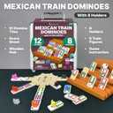 Queensell Mexican Train Dominoes Set with 8 Holders - Wooden Hub and Tiles Holders - Double 12 Tiles with Dots (D12 + 8 Holders)
