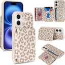 Cavor Compatible with iPhone 16 Wallet Case with Card Holder, Credit Slots Kickstand Stand Phone Case for Women Men, PU Leather Protective Case-Beige Leopard