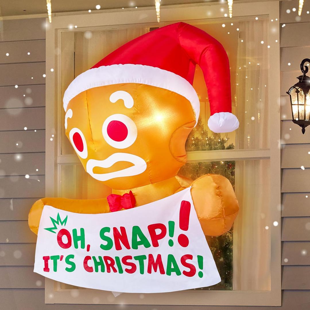 Joiedomi 3.5 FT Christmas Inflatable Gingerbread Man with Oh Snap Banner Broke Out from Window, Blow Up Xmas Outdoor Decoration with Build-in LED for Window Decor Party, Yard, Garden, Lawn Decor