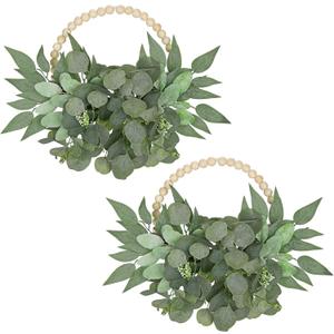 Artificial Eucalyptus Wreaths with Wood Bead for Front Door 10" Eucalyptus Leaves Wreaths Spring Summer Decoration Boho Farmhouse Wall Decor 2 Pack - Eucalyptus