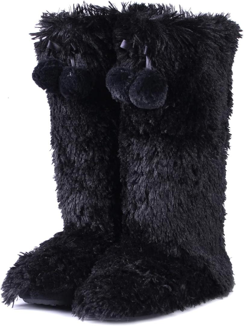 Forfoot Slipper Boots, Cozy Indoor Booties for Women Fluffy Comfortable House Shoes Fuzzy Anti-Slip Boots Winter (Black)