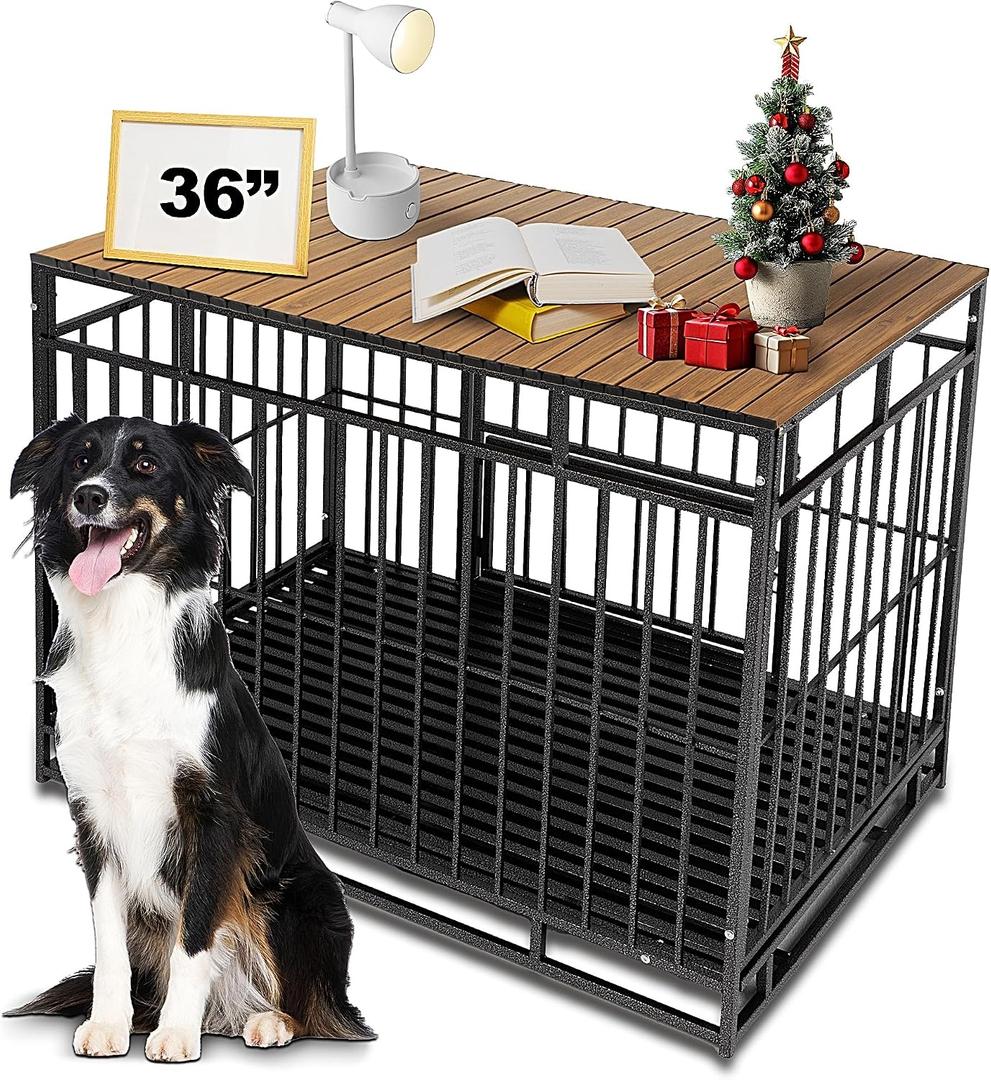 Dog Crate Topper Metal with Magnets for 36 Inch Crate - Aluminum Foldable Dog Kennel Topper Decorative Storage Pet Crate Table Walnut (Only Topper)