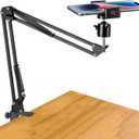 Overhead Tripod Mount for Camera Webcam Ring Light, Over Head Articulating Arm with Phone Holder and Ball Head, Desktop Suspension Scissor Accessory for Live Streaming,Video Recording (New-Black)