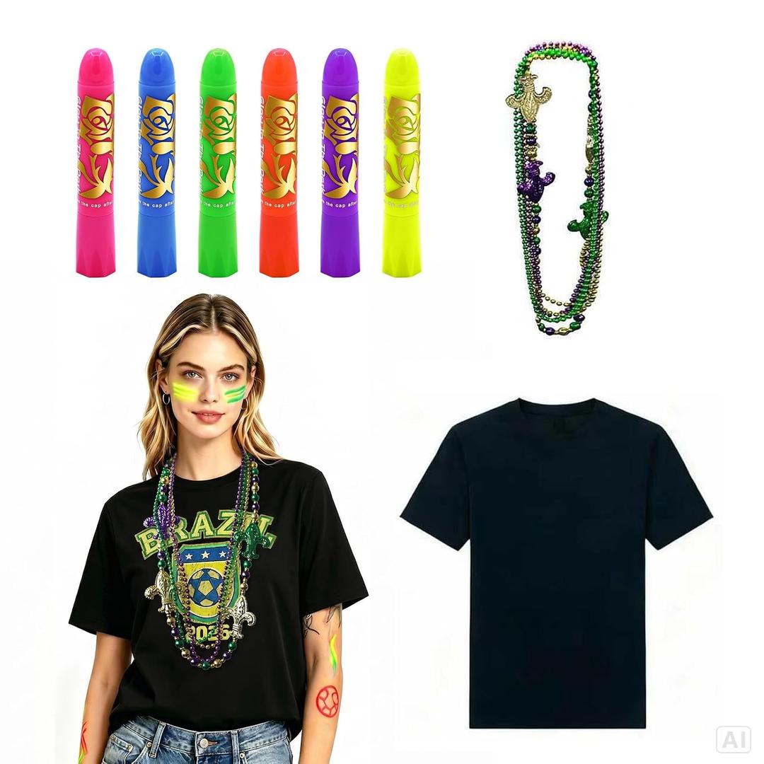 6 Pcs World Cup Soccer Glow in the Dark Face, Body Paint Kit with T-Shirt, UV Body Markers for Face Painting, Fluorescent Makeup for Halloween, Birthday Party, Festivals, Football Game