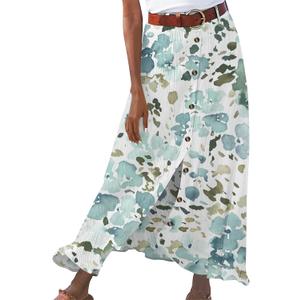 YMING Women's Button Front Maxi Skirts High Waist Boho A Line Skirt Cotton Linen Pleated Skirt Graffiti (Mint Green, L)