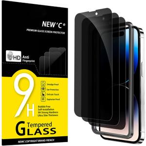 NEW'C 3 Pack Privacy for iPhone 14 Pro Screen Protector (6.1 inches), Anti-Spy Tempered Glass Film,Case Friendly Ultra Resistant, Balanced 28-Degree Privacy Angle - Easy installation tool included