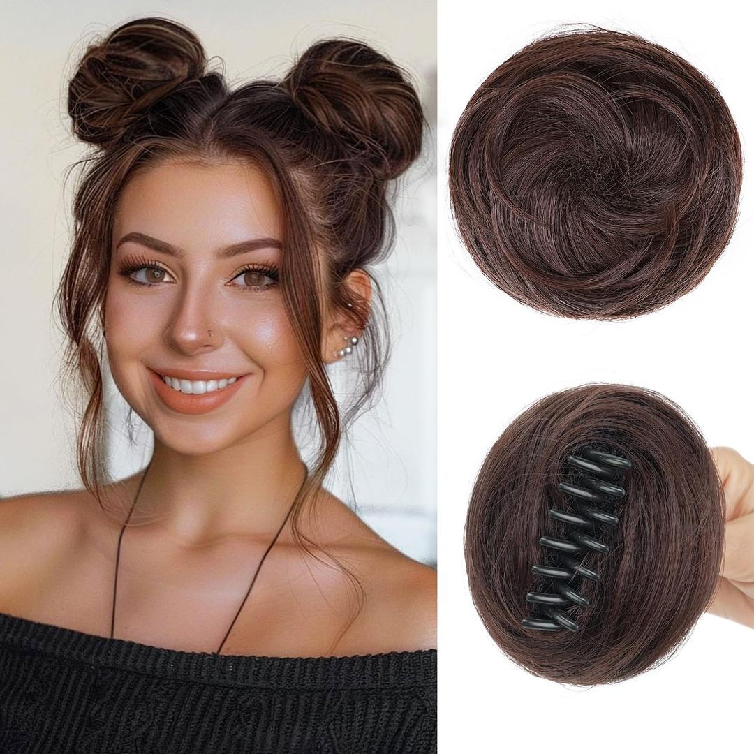 Hair Buns Hair Piece for Women Synthetic Fake Space Buns Hair Piece 2 pack Soft Claw Clip Messy Bun Extensions for Daily Wedding Cospaly Party (Chocolate Brown)
