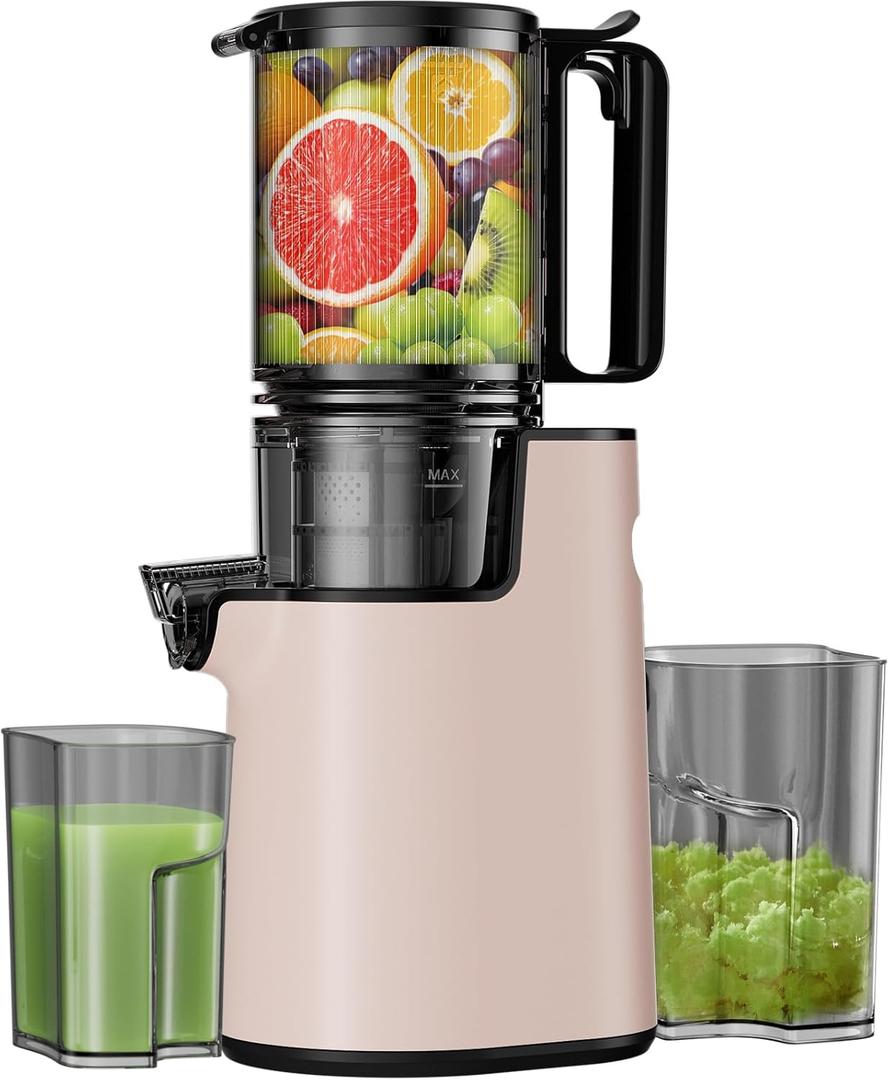 Cold Press Juicer, Masticating Juicer with 5.4" Wide Feed Chute, 350w Slow Machines Fit Whole Vegetables and Fruits with High Juice Yield, Easy to Clean (Light Pink)