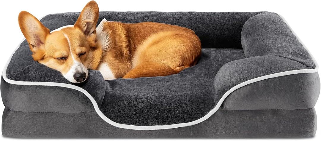 DUMOS Orthopedic Dog Bed for Medium Size Dogs, Supportive Memory Foam Dog Sofa with Washable Removable Cover Non-Slip Base Waterproof Pet Couch Bed, Grey, 28" L x 23" W x 6.5" Th (Gray)