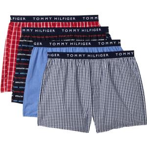Tommy Hilfiger Men's Cotton Classic 4-Pack Woven Boxer (Large, Primary Red Plaid, Desert Sky Logo Print, Royalty, Desert Sky Gingham)
