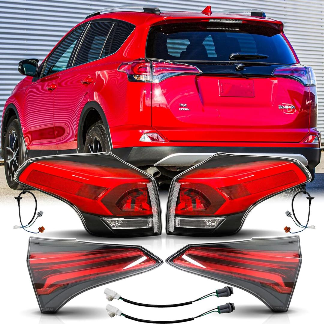 Outer and Inner Tail Lights Assembly Pair for 2016 2017 2018 Toyota Rav4 OE Factory Style Red Taillights Rear Back Brake Lamps Driver and Passenger Side,Chrome Housing Clear Lens
