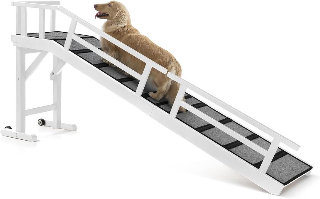 Dog Ramp for Bed or Couch, Wooden Pet Ramp with 20 Gentle Slope, Removable Side Rails, Non-Slip Surface, Top Platform & Wheels, Safe Bed Ramp for Small, Large & Senior Dogs, 74" Long, White