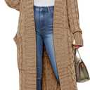 Long Cardigan Sweaters for Women 2026 Spring Fall Open Front Long Sleeve Clable Knit Sweater Coat with Pockets (Small, Khaki)