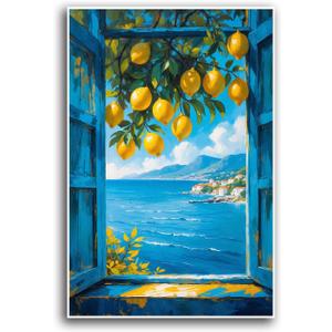 Vibrant vintage window canvas painting frame lemon tree branches with yellow fruits turquoise ocean waves white village red roofs in the distance scattered clouds coastal scenery tranquil home decor