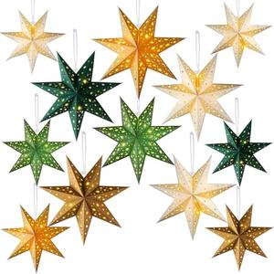 Cinnvoice 12 Pcs Christmas Paper Star Lantern 7/8/9 Points Sage Green Hanging Ornament 3D Neutral Star Lantern with String Light 12 and 17.72 Inch Hollow Lampshade for Xmas Party Decor(7 Pointed) 2 Pack