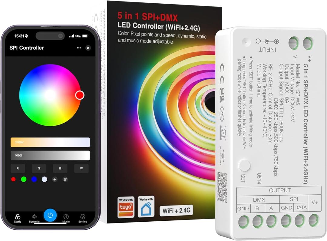 PAUTIX WiFi SPI+DMX SPIW5 Tuya SPI LED Controller Compatible with Alexa/Google Home,for Single Color/CCT/RGB/RGBW/RGBCCT SPI LED Strip Lights,Work with WS2811 SK6813 IC Addressable LED Strip