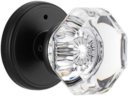2 Pc CLCTK Glass Door Knobs Interior with Lock, Octagon Crystal Privacy Round Matte Black Door Knobs for Bedroom Bathroom