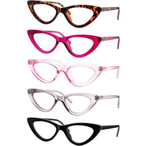 Yogo Vision Reading Glasses Readers for Women Cateye Eyeglasses and Light Spring Hinge Frame Set of 5: Black, Grey, Pink, Hot Pink, Brown Havana, 1.25