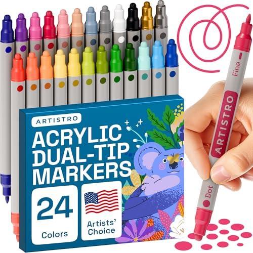 ARTISTRO 24 Dual Tip Acrylic Paint Markers, Acrylic Paint Pens, Fabric Markers for Textile, Rock, Glass, Wood, Paper, Ceramic, Canvas DIY Art Supplies Kit for Kids and Adults (Dual Tip Dot + Fine, 24)