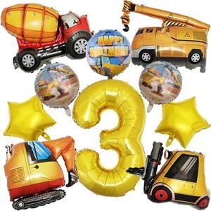 Construction Theme 3rd Birthday Party Balloons for Boys,10 pcs Aluminum Foil Balloon Decoration Set with 40 Inch Gold Number 3,Star,Large Excavator Truck Favor Construction Birthday Party Suppliers