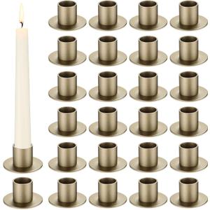 FoldTier 24 Pcs Bronze Taper Candle Holders Bulk for Pillar Candles Wedding Metal Short Candlestick Holder Bronze Centerpieces Decoration for Wedding Anniversary Dinner Party