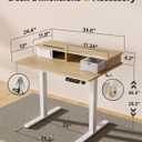 JOY Worker Small Electric Standing Desk, 35" x 25" Height Adjustable Desk with Built-in Monitor Stand & Storage Drawer, White Sit Stand Desk with 2 Hooks for Home Office, Light Walnut