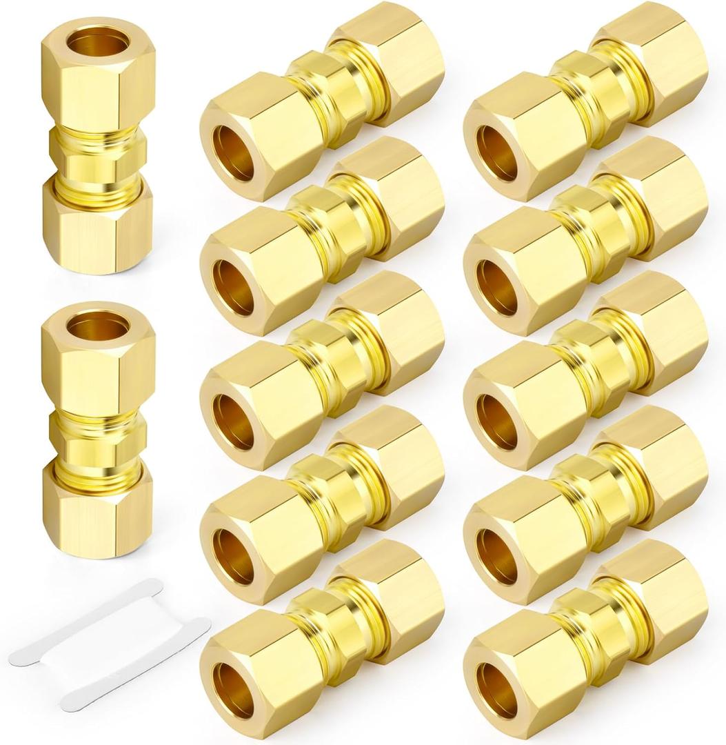 12PCS 1/4" Tube OD x 1/4" Tube OD Connector Fitting, Compression Pipe Straight Union Connector, Brass Pipe Adapter (0.25 Inch)