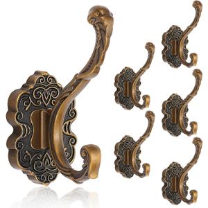 6pcs Vintage Coat Hooks Unique Wall Mount Coat Hooks for Hanging Keys Hats Scarves Robe Bags Antique Aluminum Decorative Wall Hook Hangers for Bathroom Bedroom Entryway (Antique Gold)