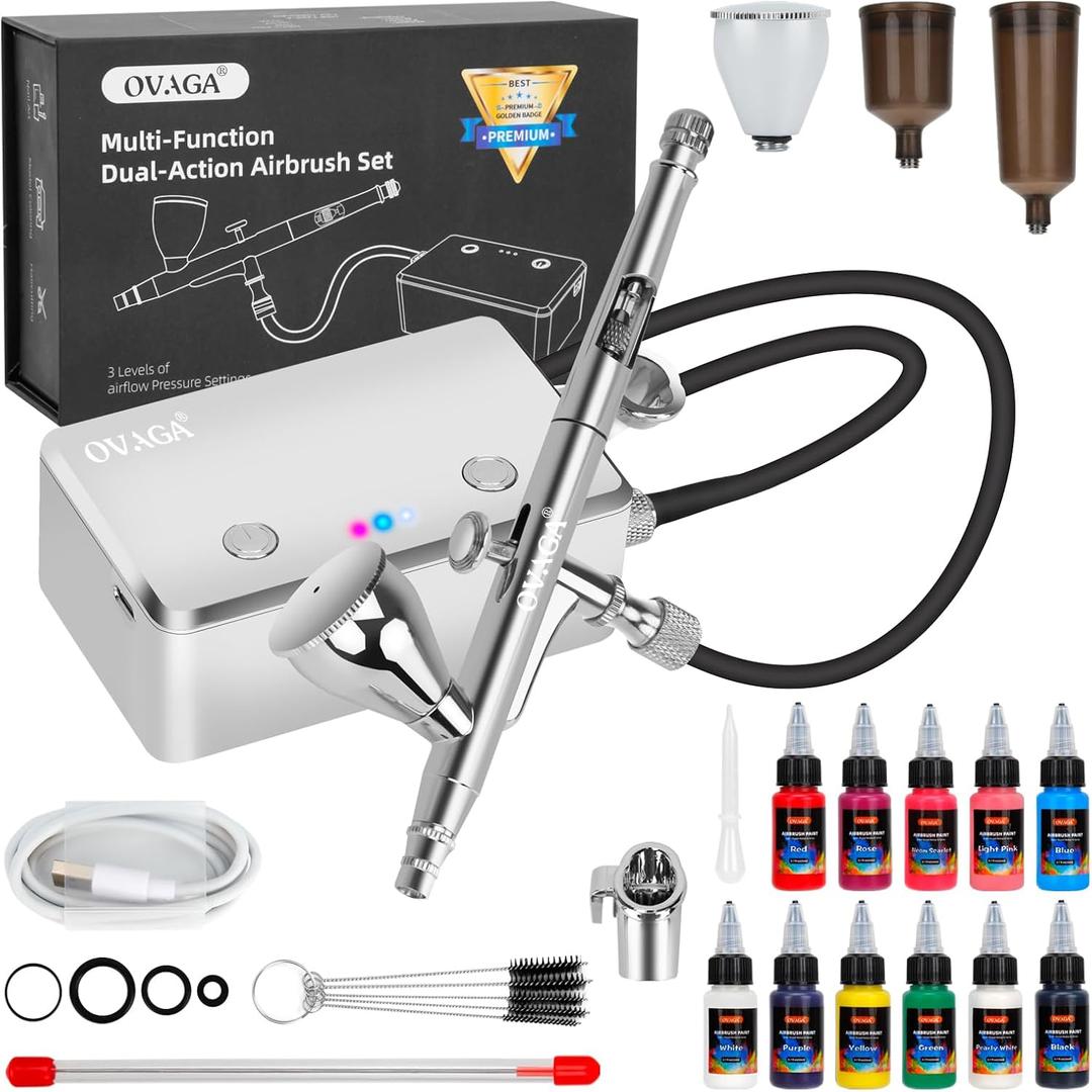 OVAGA 32PSI Airbrush Kit with Compressor, Rechargeable Multi-Function Dual-Action Airbrush Set Portable with Airbrush Paint Set 11 Colors for Painting Makeup Cake Decor Model Coloring Nail Art, Silver