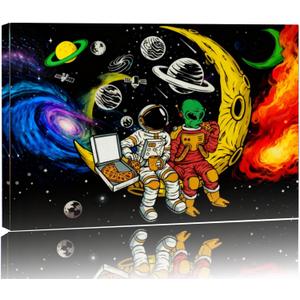 Space Astronaut Alien Pizza Party Canvas Wall Art Black Cosmic Prints, 24"L x 16"W