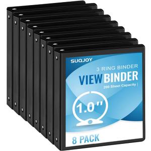 1-inch 3-Ring Binder, 1" Round Ring Binder with 2 Inside Pockets, 8 Pack Black Binders, Clear View Cover, Holds 8.5'' x 11'' Paper for Office/Home/Back to School