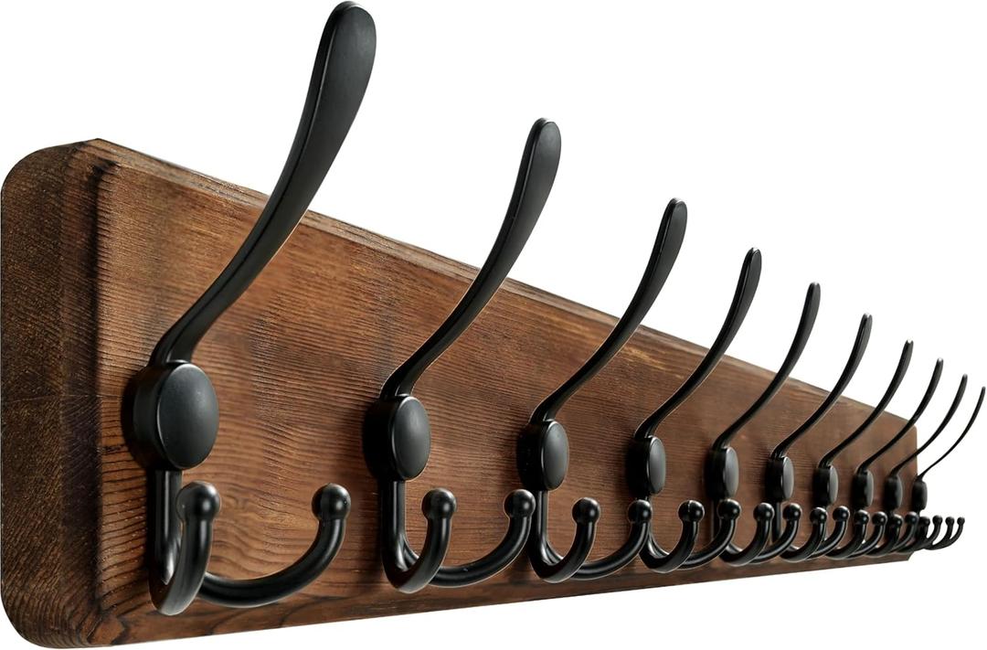 Rustic Wall Mount Coat Rack, 17" Coat Hooks Wall Mount Wood Coat Rack with 8 Triple Hooks, Heavy Duty Wooden Wall Mounted Coat Hanger for Entryway, Farmhouse Hanging Coats, Hats, Bags,Towels