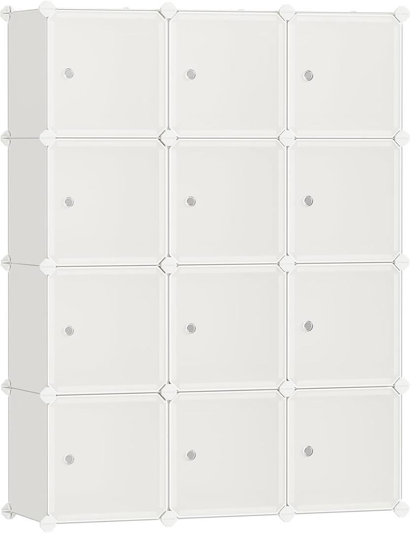 SONGMICS Cube Storage Organizer, Set of 12 Plastic Cubes, Closet Storage Shelves, DIY Plastic Closet Cabinet, Modular Bookcase, Shelving with Doors for Bedroom, Living Room, Cream White ULPC342W02