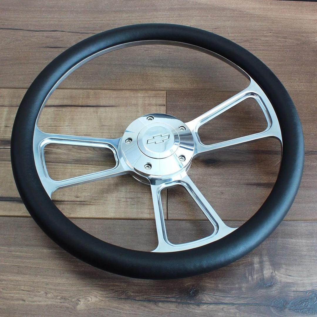 14" Inch Polished Steering Wheel Chevy Horn, 5 Hole compatible with Chevrolet Black Muscle Car"