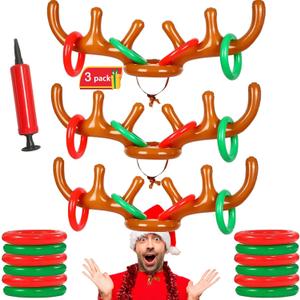 3 Sets Inflatable Reindeer Antler Game Christmas Party Supplies Ring Toss Game Included 3 Inflatable Reindeer Antler Hat 24 Ring Toss 1 Pump Reindeer Games for Outdoor Indoor Christmas Family Games