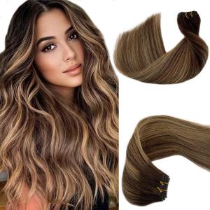 Sew in Weft Hair Extensions Human Medium Brown with Caramel Blonde Highlights Real Hand Tied Wefts Weave Bundles 12'' 80G