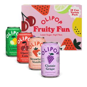 OLIPOP Prebiotic Soda Pop, Fruity Fun Variety, Pantry Pack Packed with Prebiotics, Fiber, and Botanicals, Gluten Free, Vegan, GMO Free, 12oz (12-Cans) ( BB: OCT/30/26)
